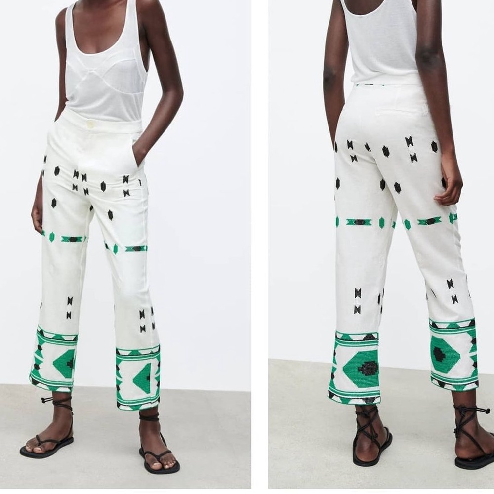 Zara Embroidered High Rise Waist Linen Crop Straight Beige Green Pant Womens M